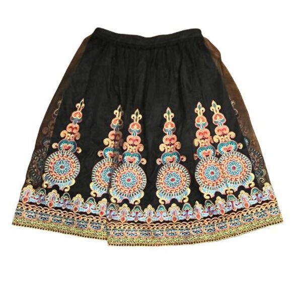 FOREVER21 Bohemian Embroidered Midi Skirt Colorful Medallion Tulle Mesh Lined - Picture 1 of 8